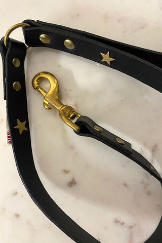 A close-up image of the black dog lead with gold stars and gold studs.