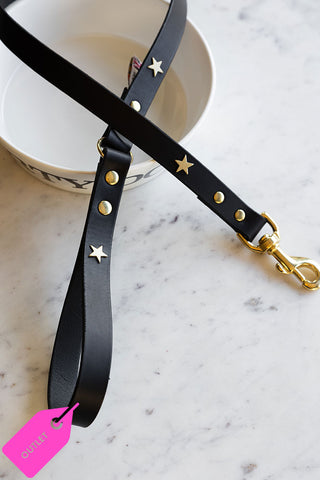 A beautiful black leather dog lead. The black leather log lead is crossed and on the lead are gold stars and gold studs. In the bottom left-hand corner is a pink Outlet label.