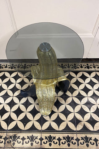 Birds-eye view of the Black and Gold Banana Side Table. The table is in perfect condition.