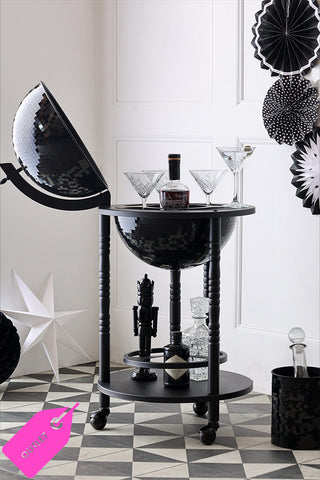 Beautiful Black Disco Ball Drinks Trolley with a black frame. The trolley is open with glassware and booze stowed in the disco ball.