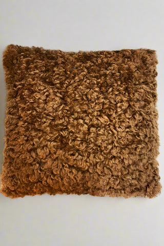 Brown curly cushion on a plain backdrop.