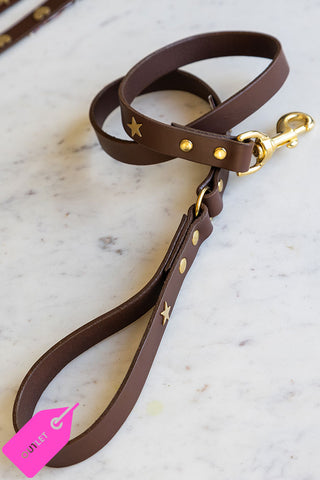 Dark Brown Leather Dog Lead With Stars - SAMPLE