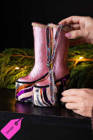 Beaded boots with pink glitter with a pink outlet sign