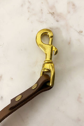 The gold clip of the brown leather dog lead.