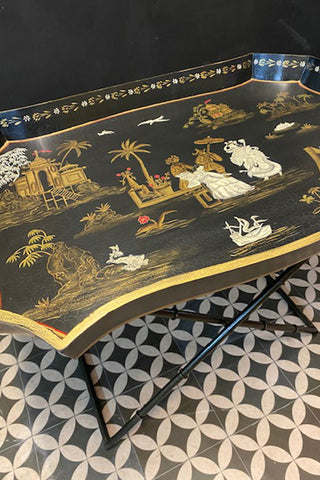 Black Chinoiserie-style Deco Tray Table - SECONDS